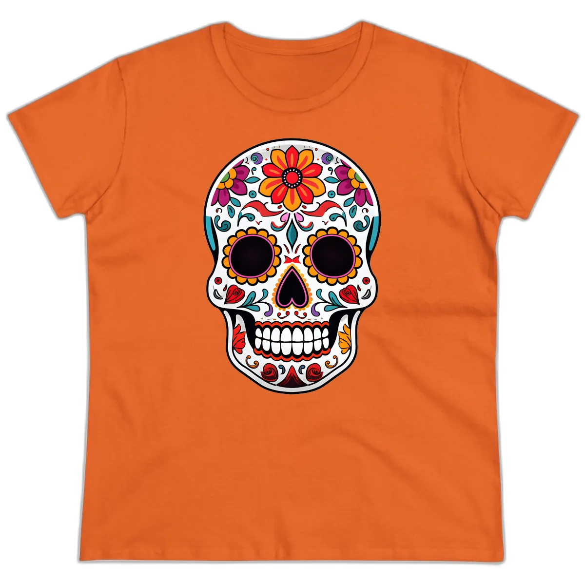 Vibrant Floral Día de los Muertos Sugar Skull Ladies Tee in Orange