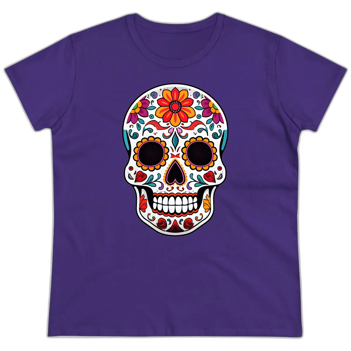 Vibrant Floral Día de los Muertos Sugar Skull Ladies Tee in Purple