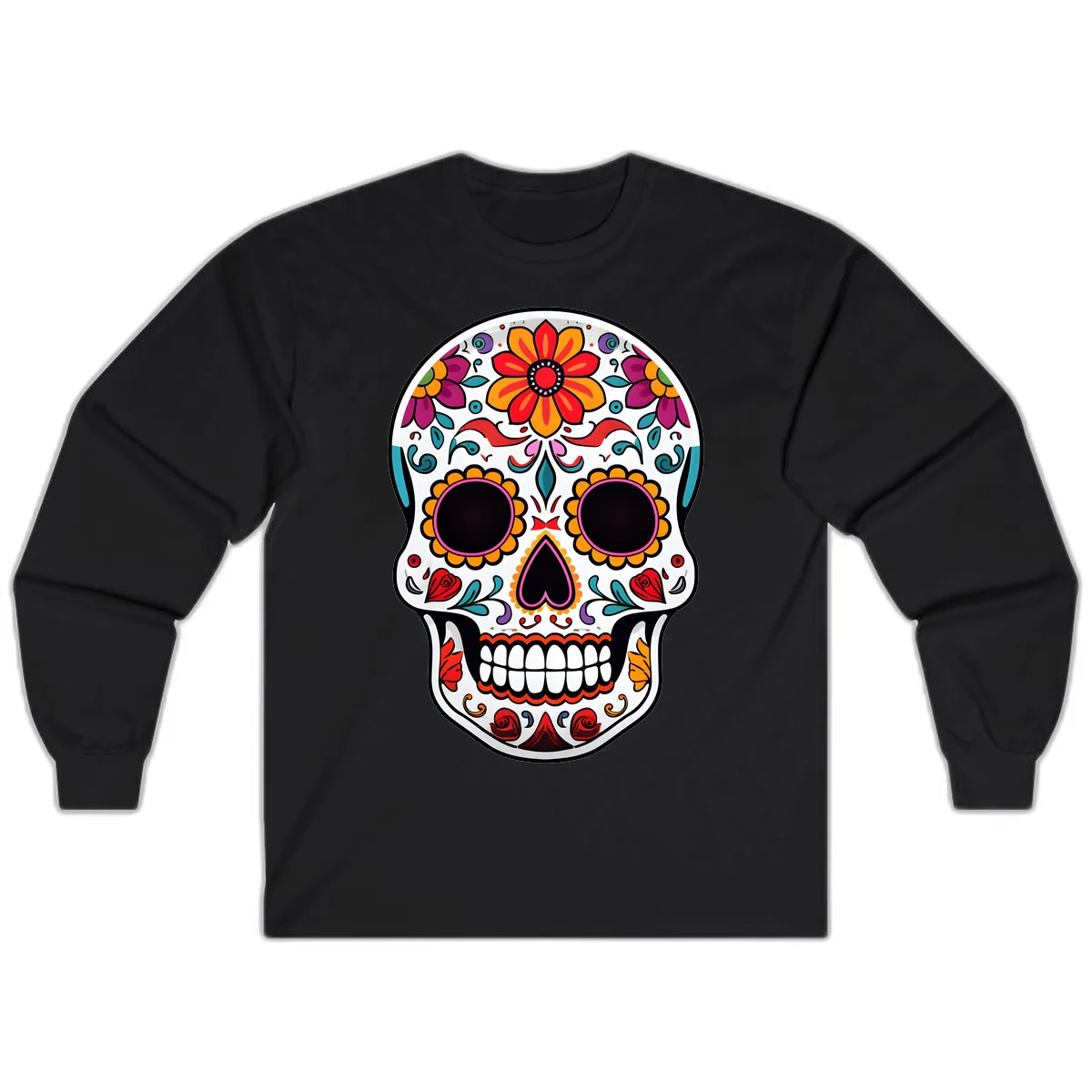 Vibrant Floral Día de los Muertos Sugar Skull Long Sleeve in Black