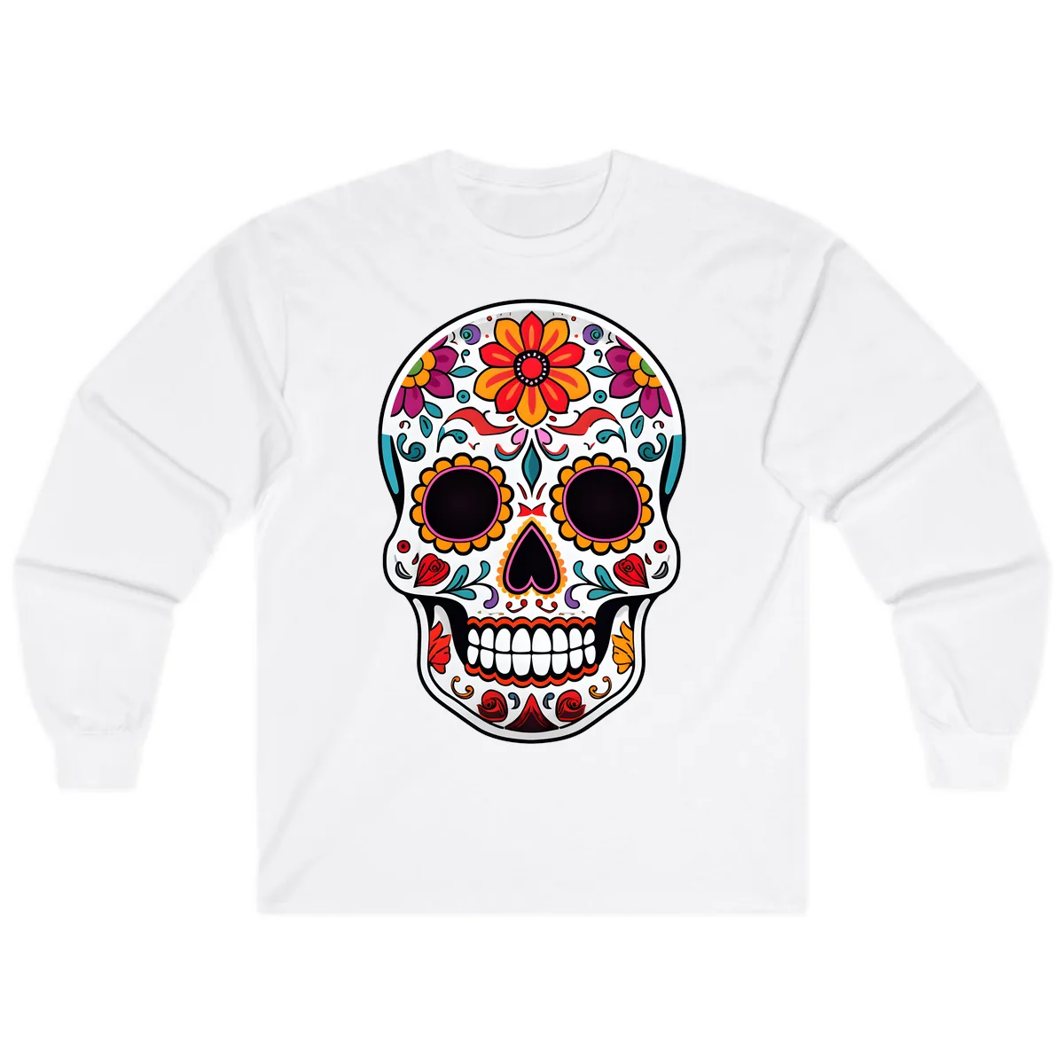 Vibrant Floral Día de los Muertos Sugar Skull Long Sleeve in White