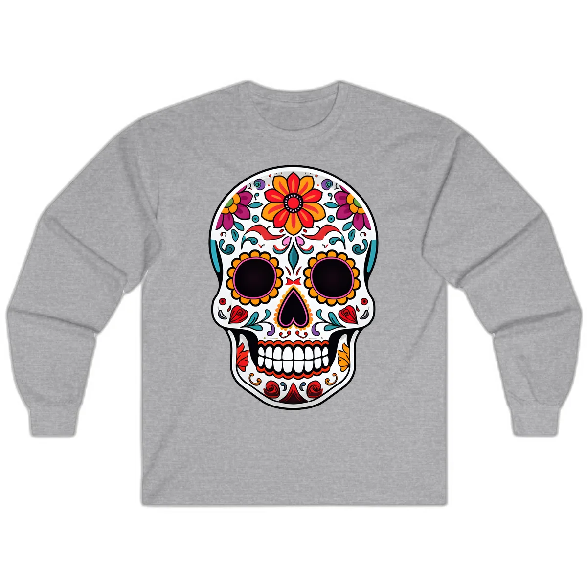 Vibrant Floral Día de los Muertos Sugar Skull Long Sleeve in Sport Grey