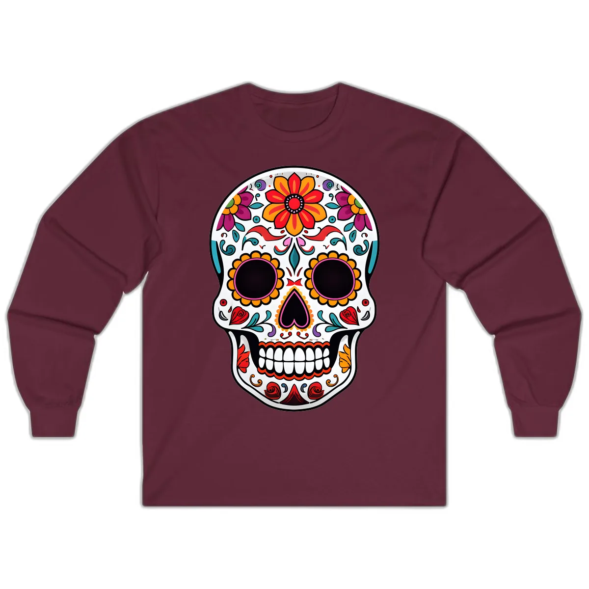 Vibrant Floral Día de los Muertos Sugar Skull Long Sleeve in Maroon