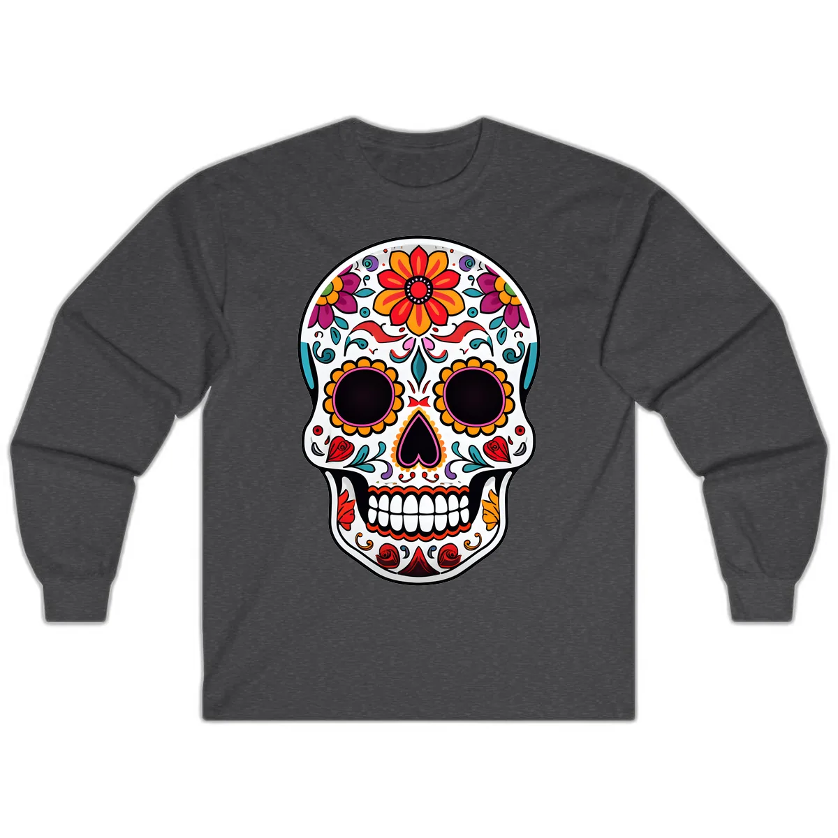 Vibrant Floral Día de los Muertos Sugar Skull Long Sleeve in Dark Heather