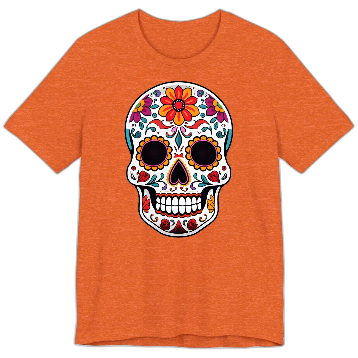 Vibrant Floral Día de los Muertos Sugar Skull Premium T-Shirt in Heather Orange
