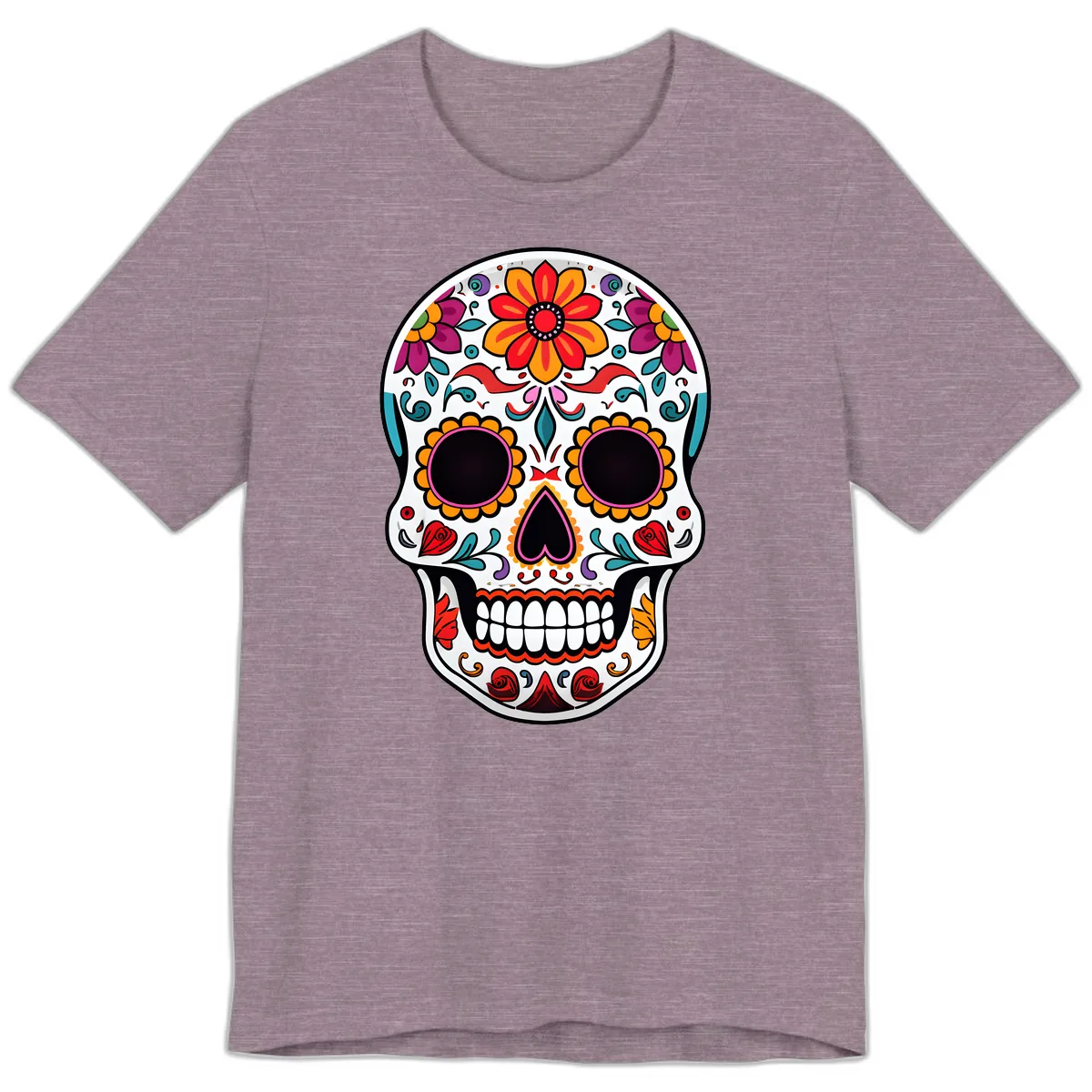 Vibrant Floral Día de los Muertos Sugar Skull Premium T-Shirt in Heather Purple