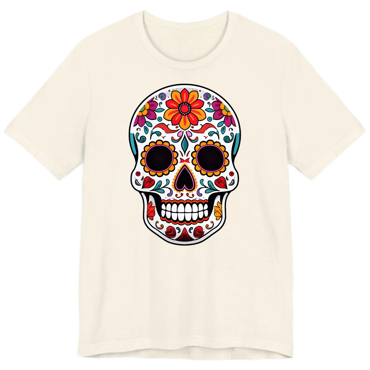 Vibrant Floral Día de los Muertos Sugar Skull Premium T-Shirt in Natural