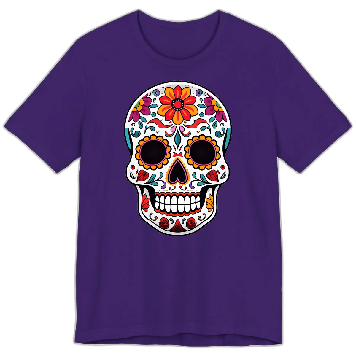 Vibrant Floral Día de los Muertos Sugar Skull Premium T-Shirt in Team Purple