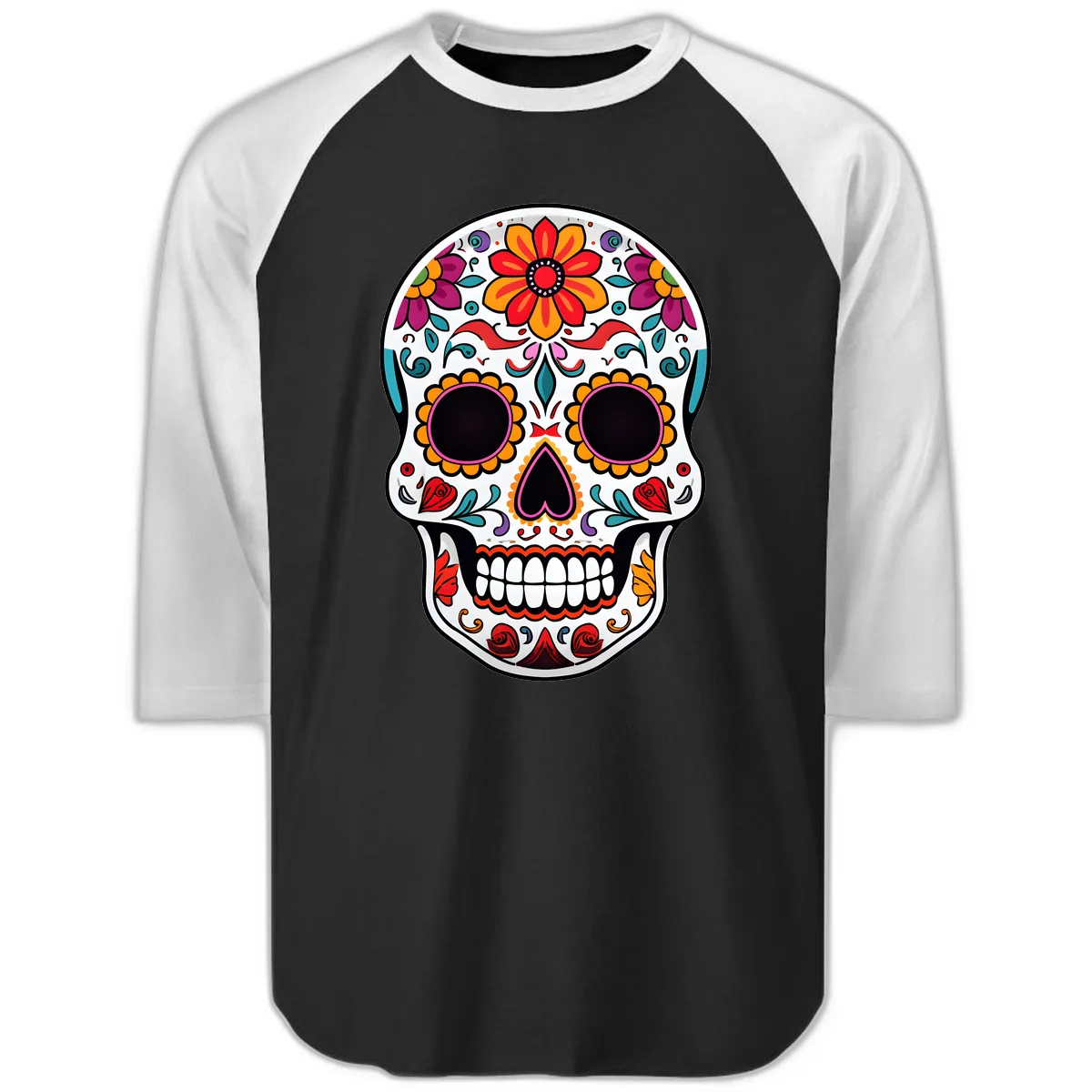 Vibrant Floral Día de los Muertos Sugar Skull Raglan 3/4 in Black White