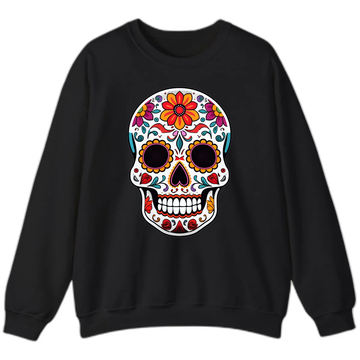 Vibrant Floral Día de los Muertos Sugar Skull Sweatshirt in Black