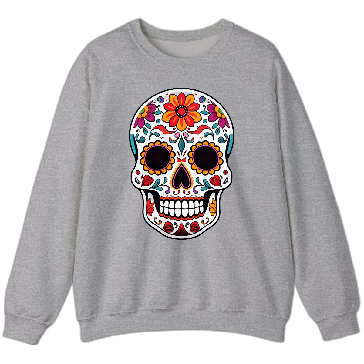 Vibrant Floral Día de los Muertos Sugar Skull Sweatshirt in Sport Grey