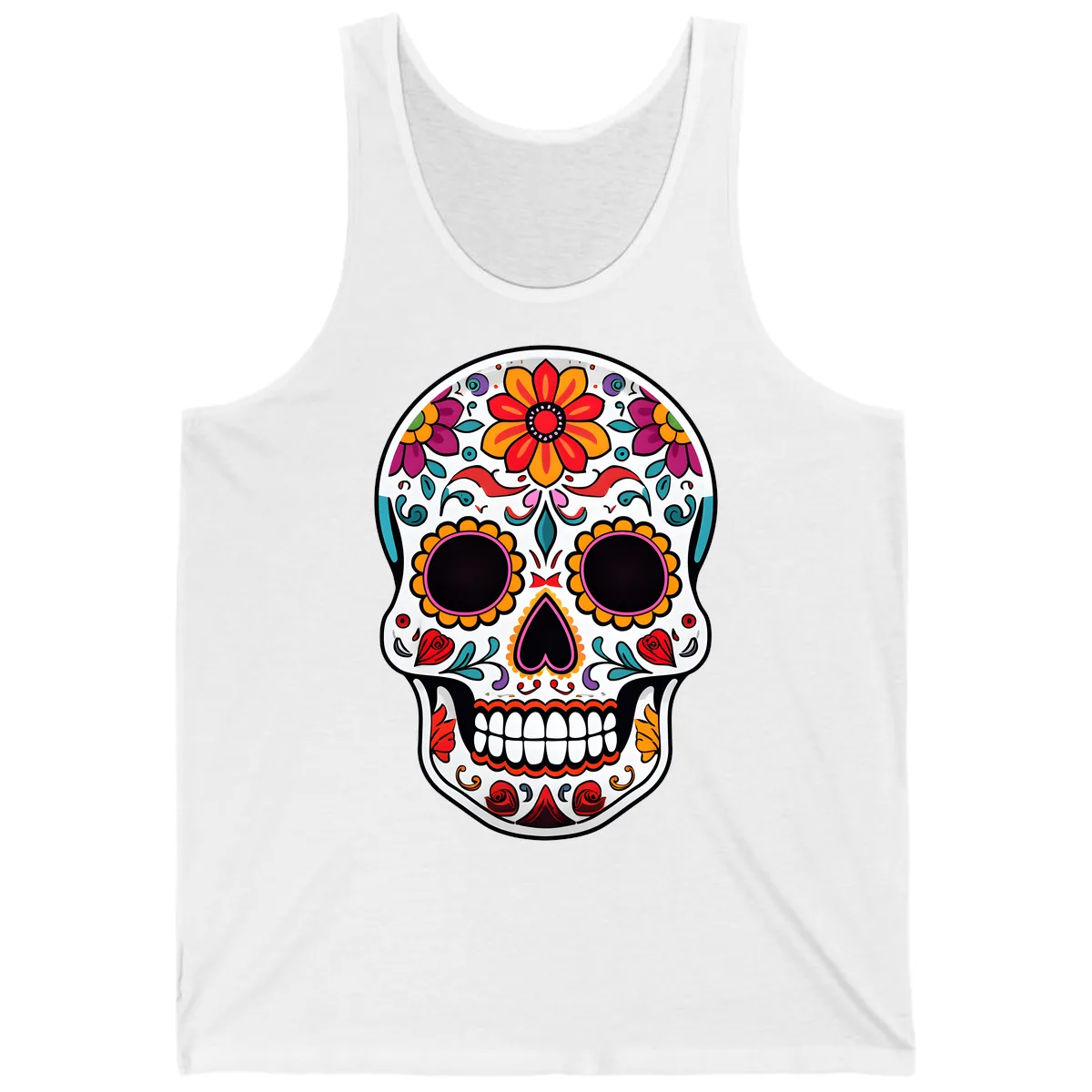 Vibrant Floral Día de los Muertos Sugar Skull Tank in White