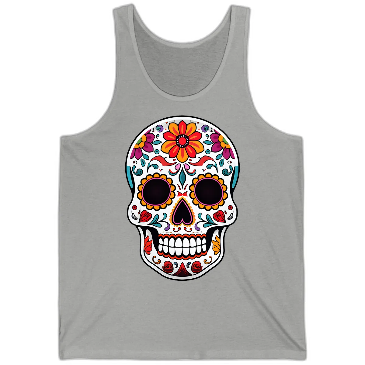 Vibrant Floral Día de los Muertos Sugar Skull Tank in Athletic Heather