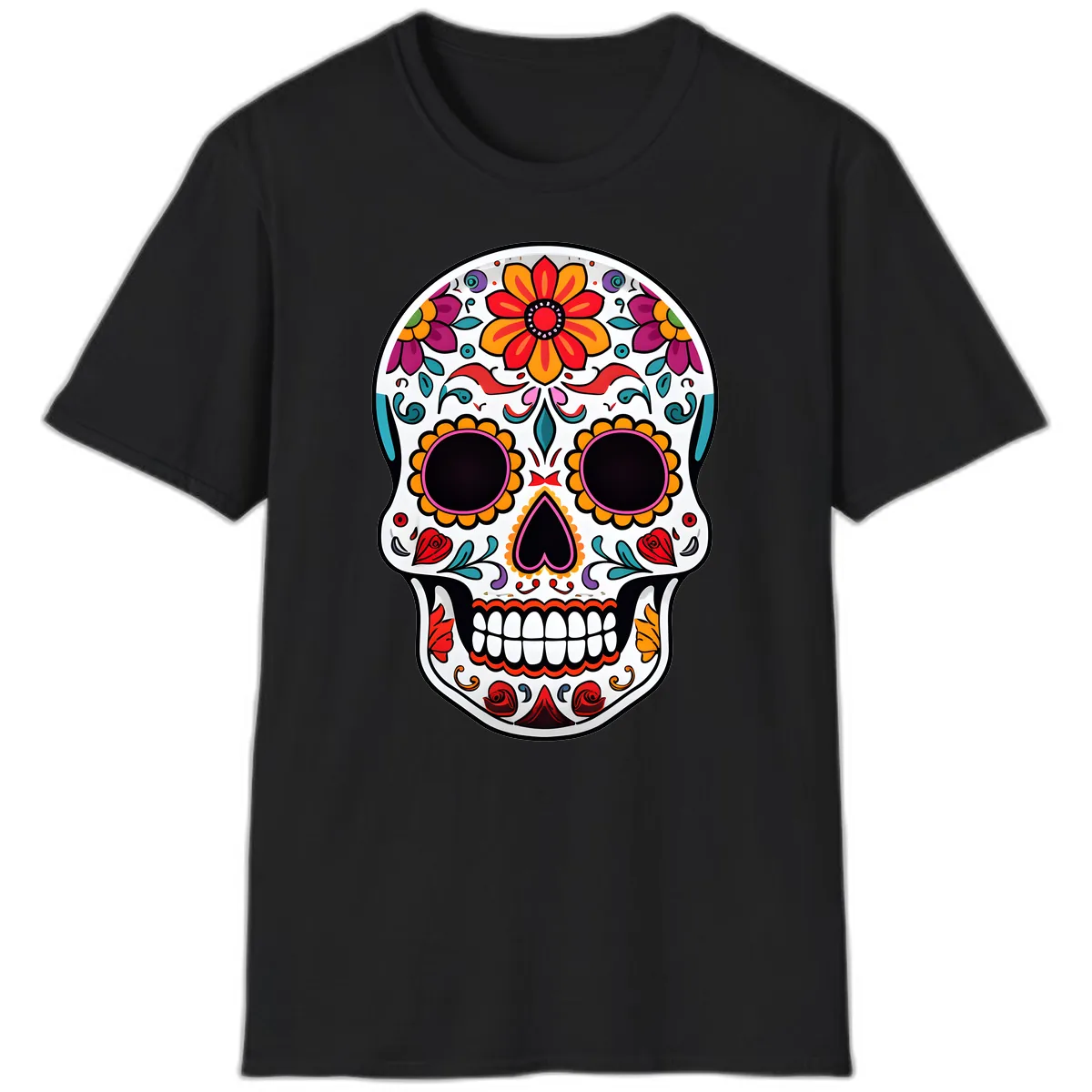 Vibrant Floral Día de los Muertos Sugar Skull T-Shirt in Black