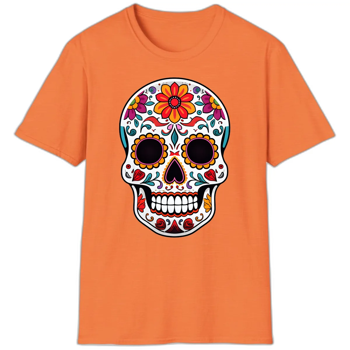 Vibrant Floral Día de los Muertos Sugar Skull T-Shirt in Heather Orange