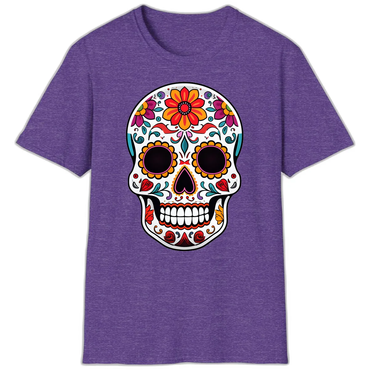 Vibrant Floral Día de los Muertos Sugar Skull T-Shirt in Heather Purple