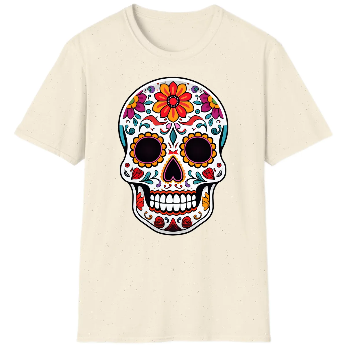 Vibrant Floral Día de los Muertos Sugar Skull T-Shirt in Natural