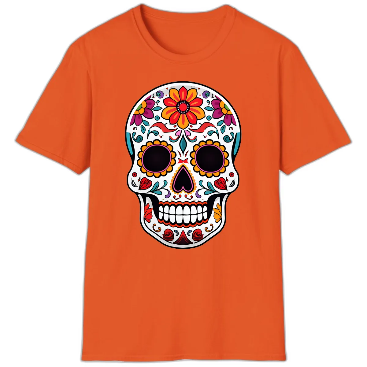 Vibrant Floral Día de los Muertos Sugar Skull T-Shirt in Orange