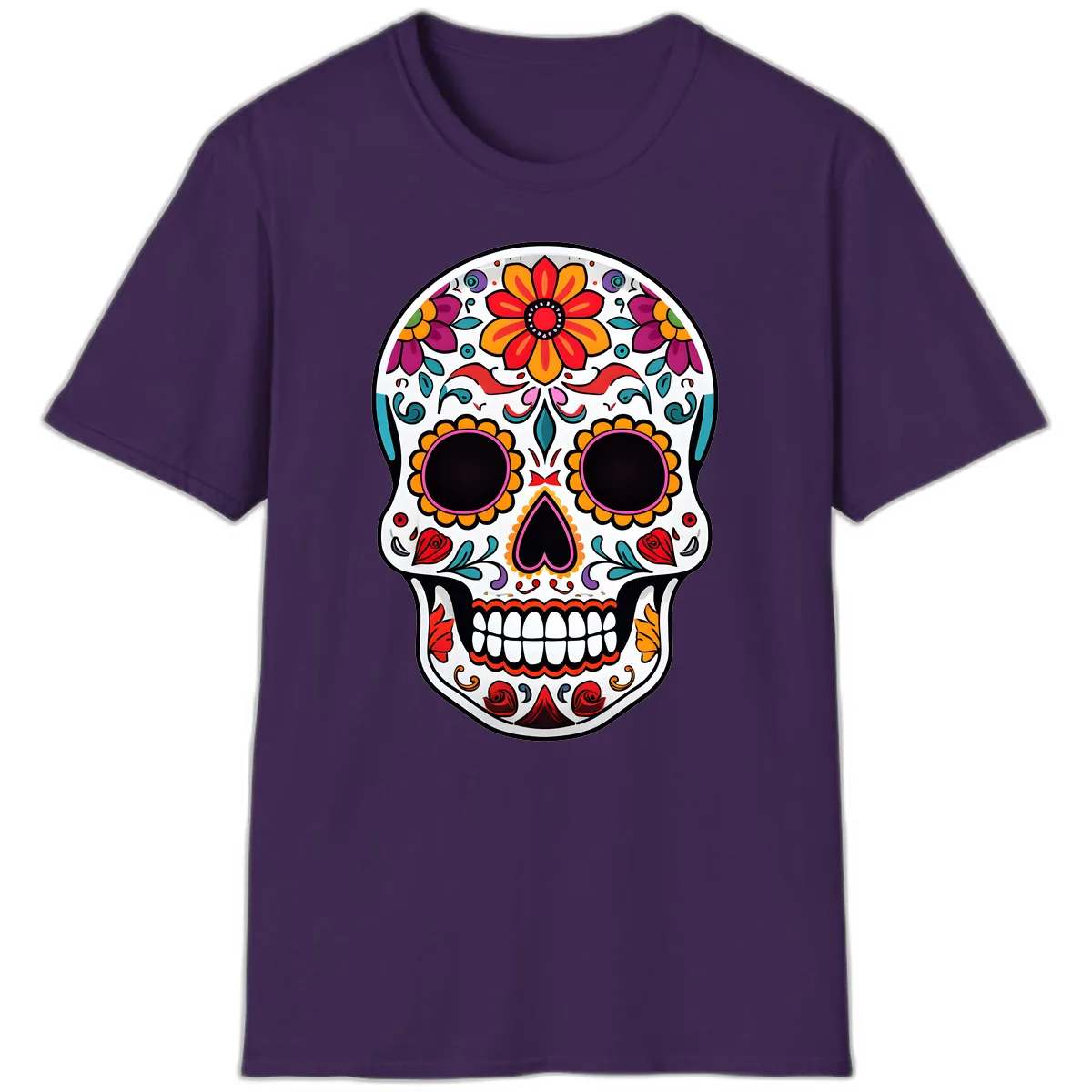 Vibrant Floral Día de los Muertos Sugar Skull T-Shirt in Purple