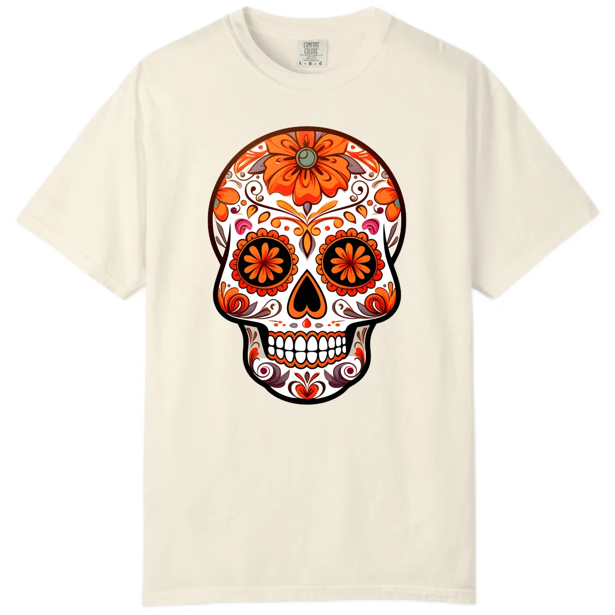 Ornate Floral Calavera Sugar Skull Design Comfort Color in Ivory