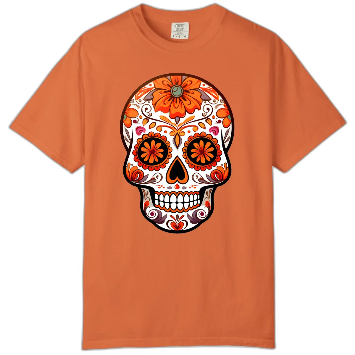 Ornate Floral Calavera Sugar Skull Design Comfort Color in Burnt Orange