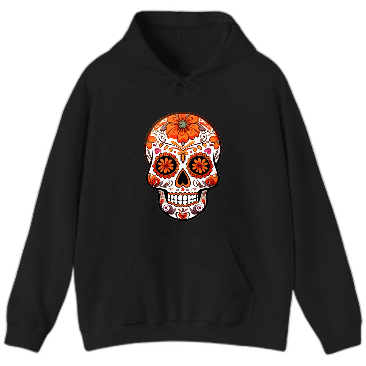 Ornate Floral Calavera Sugar Skull Design Hoodie in Black