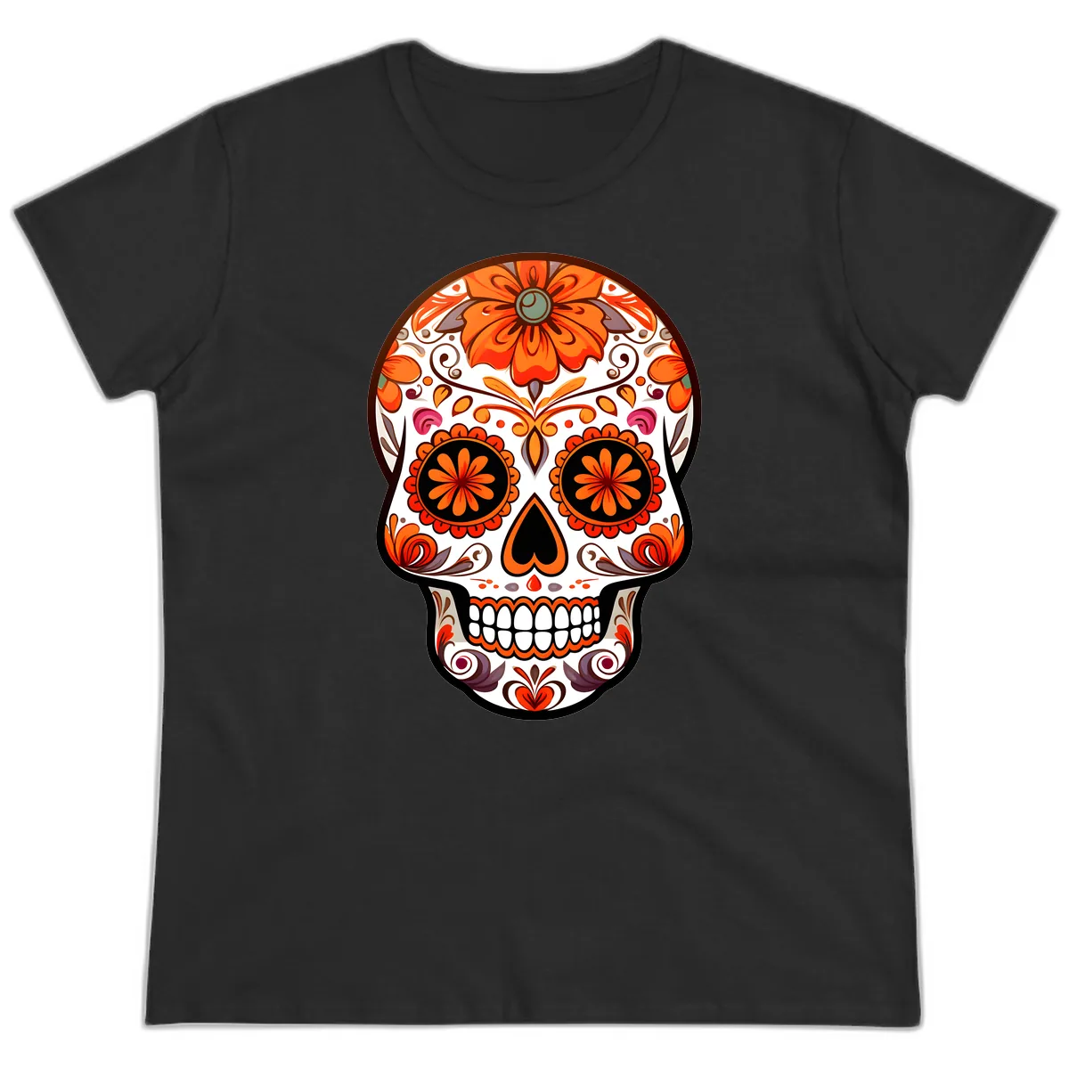 Ornate Floral Calavera Sugar Skull Design Ladies Tee in Black