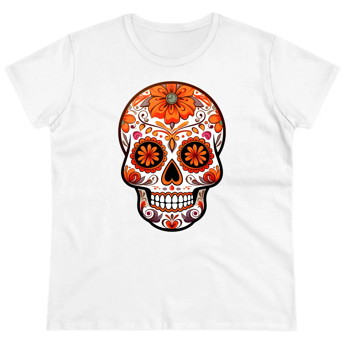 Ornate Floral Calavera Sugar Skull Design Ladies Tee in White