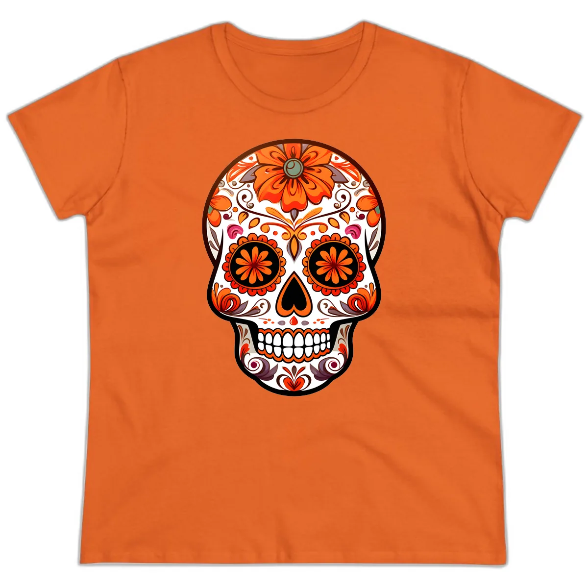 Ornate Floral Calavera Sugar Skull Design Ladies Tee in Orange