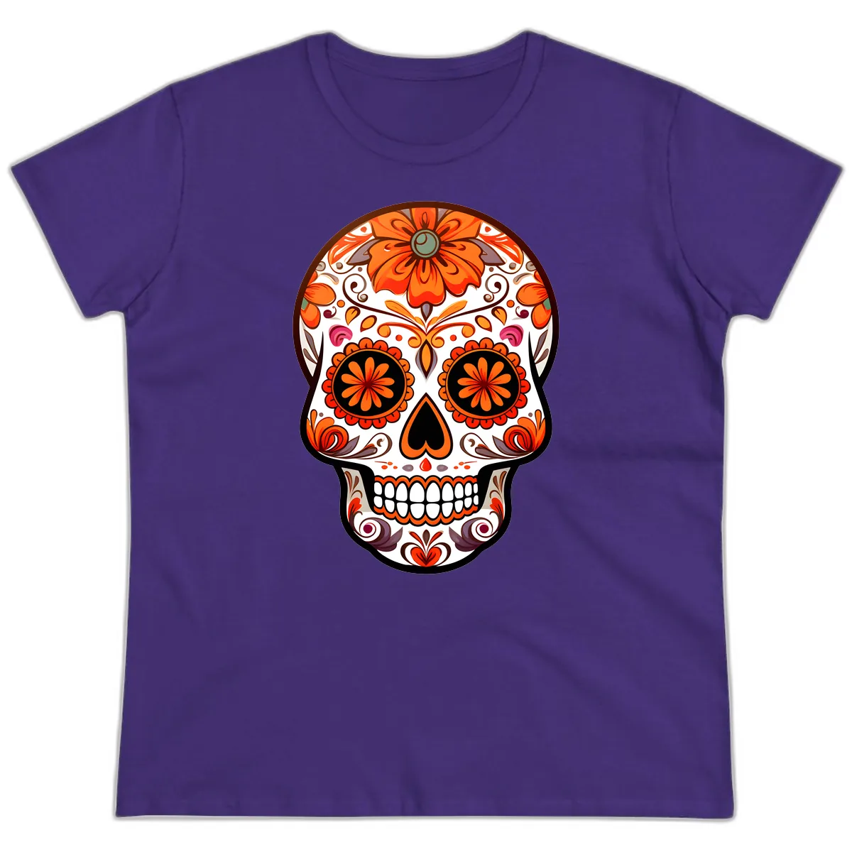 Ornate Floral Calavera Sugar Skull Design Ladies Tee in Purple