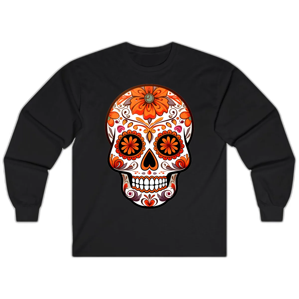 Ornate Floral Calavera Sugar Skull Design Long Sleeve in Black