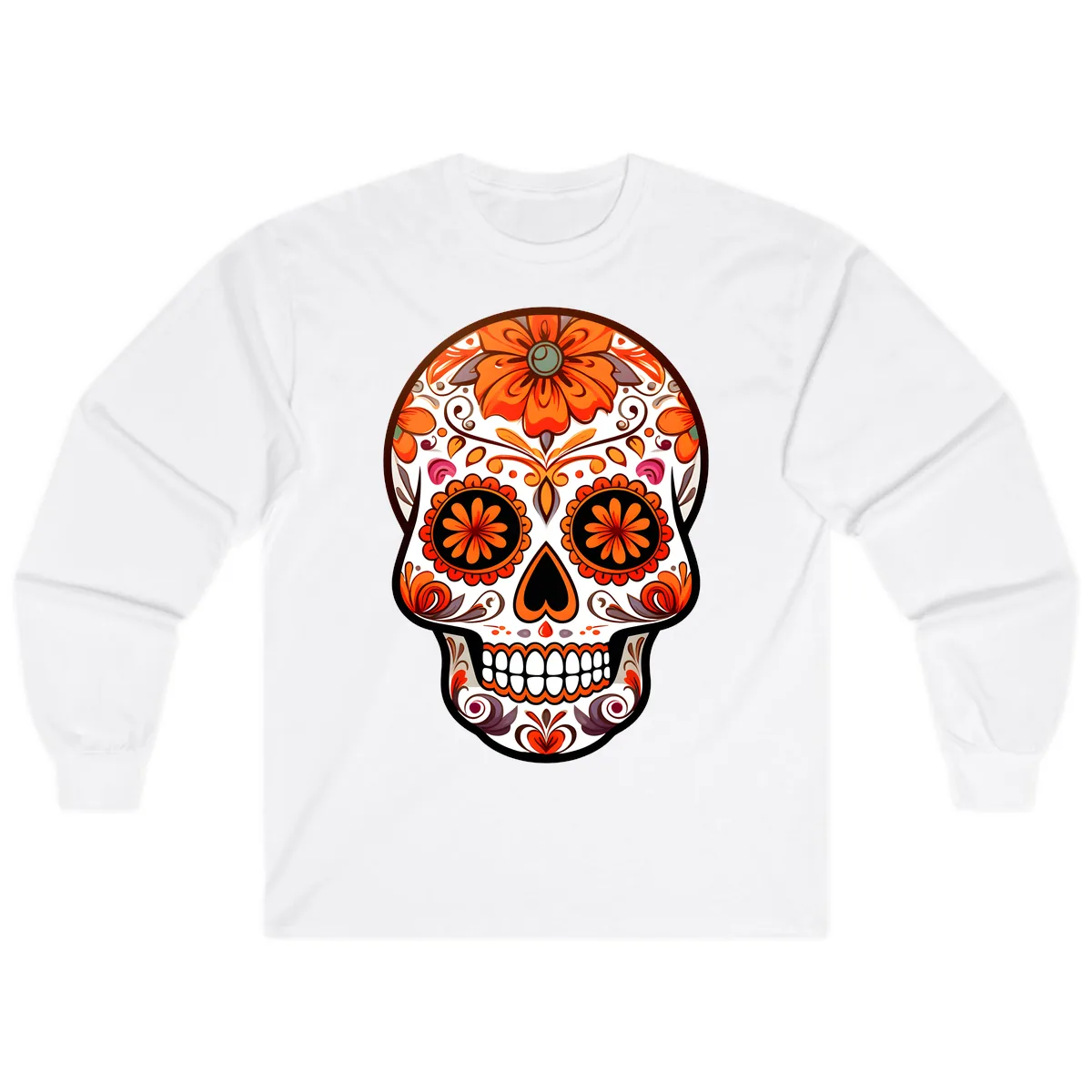 Ornate Floral Calavera Sugar Skull Design Long Sleeve in White