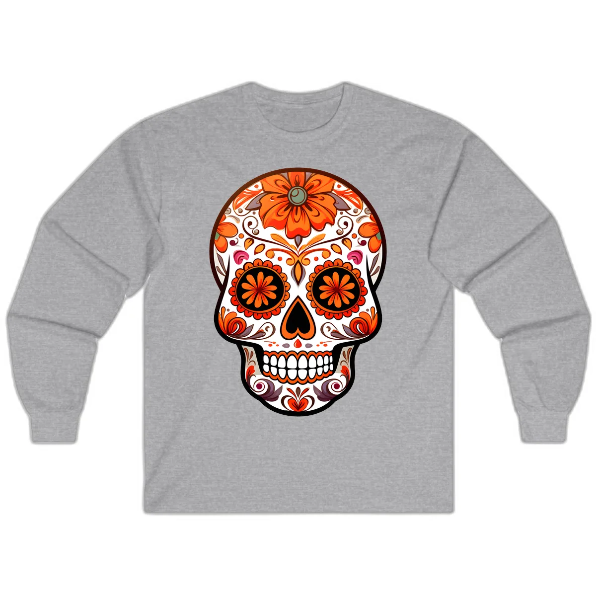 Ornate Floral Calavera Sugar Skull Design Long Sleeve in Sport Grey