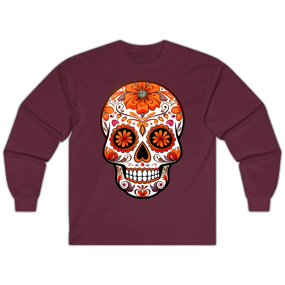 Ornate Floral Calavera Sugar Skull Design Long Sleeve in Maroon