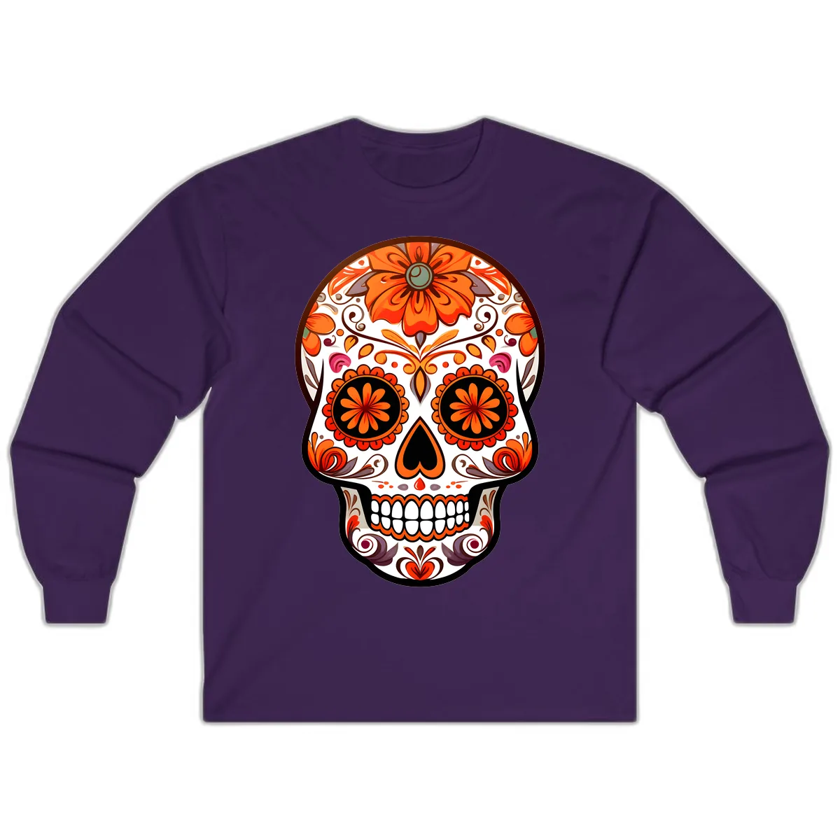 Ornate Floral Calavera Sugar Skull Design Long Sleeve in Purple