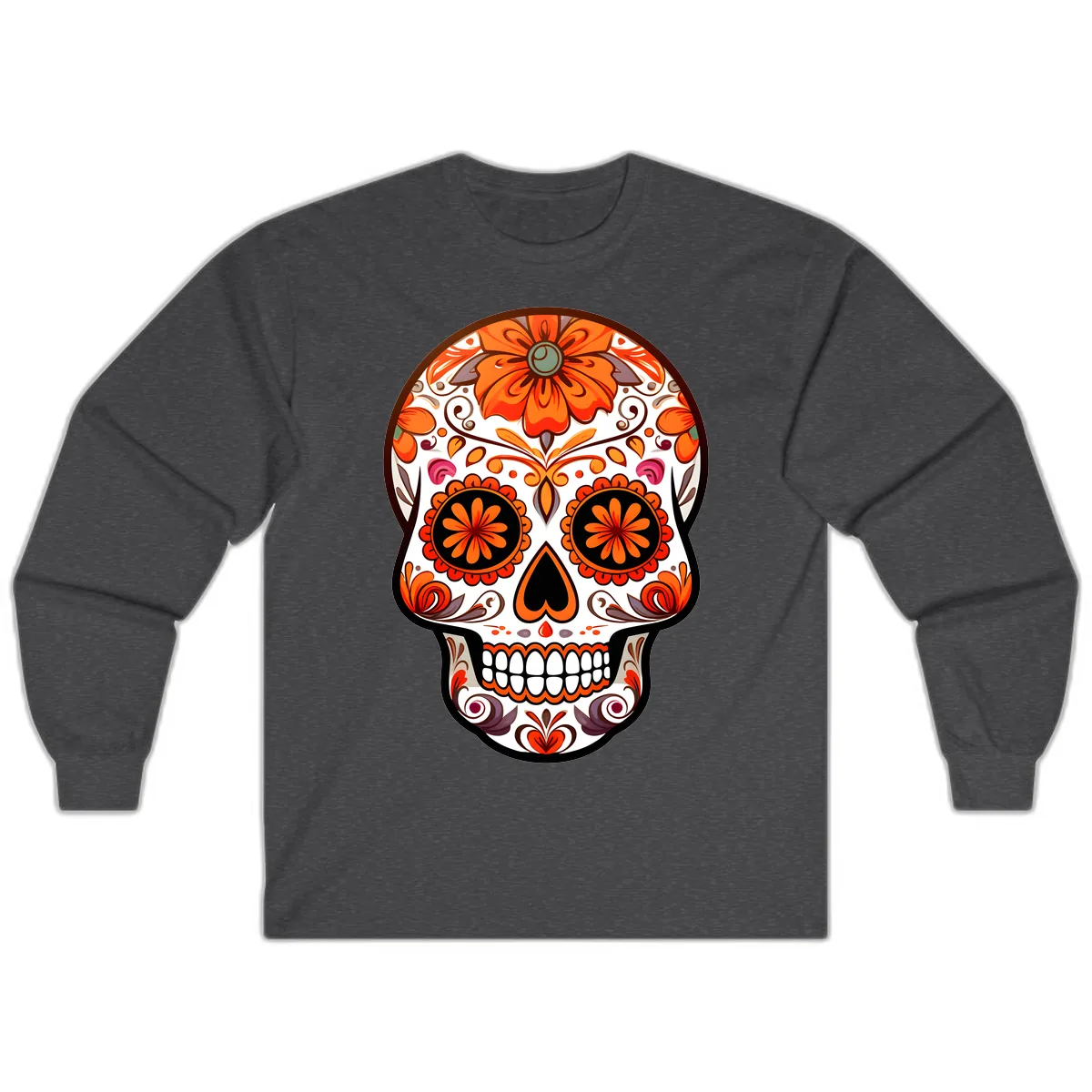Ornate Floral Calavera Sugar Skull Design Long Sleeve in Dark Heather