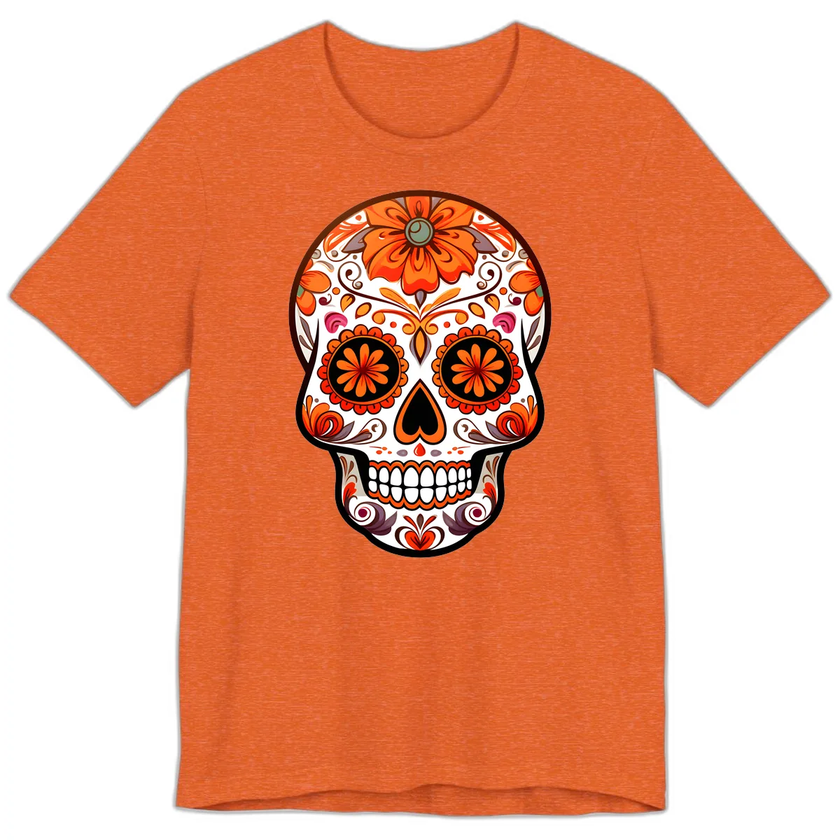 Ornate Floral Calavera Sugar Skull Design Premium T-Shirt in Heather Orange