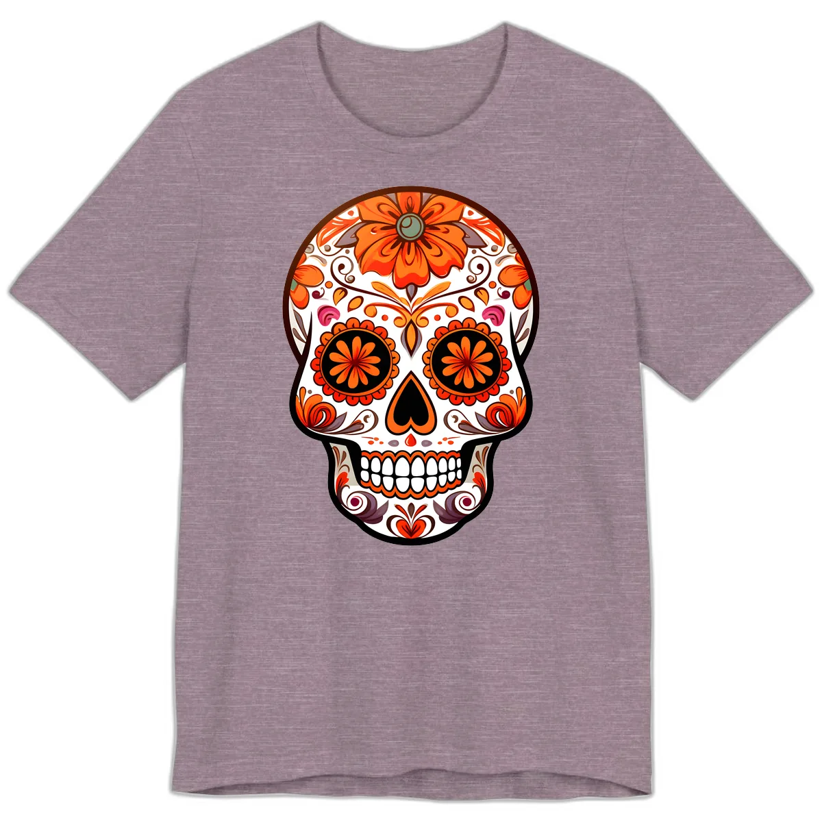 Ornate Floral Calavera Sugar Skull Design Premium T-Shirt in Heather Purple