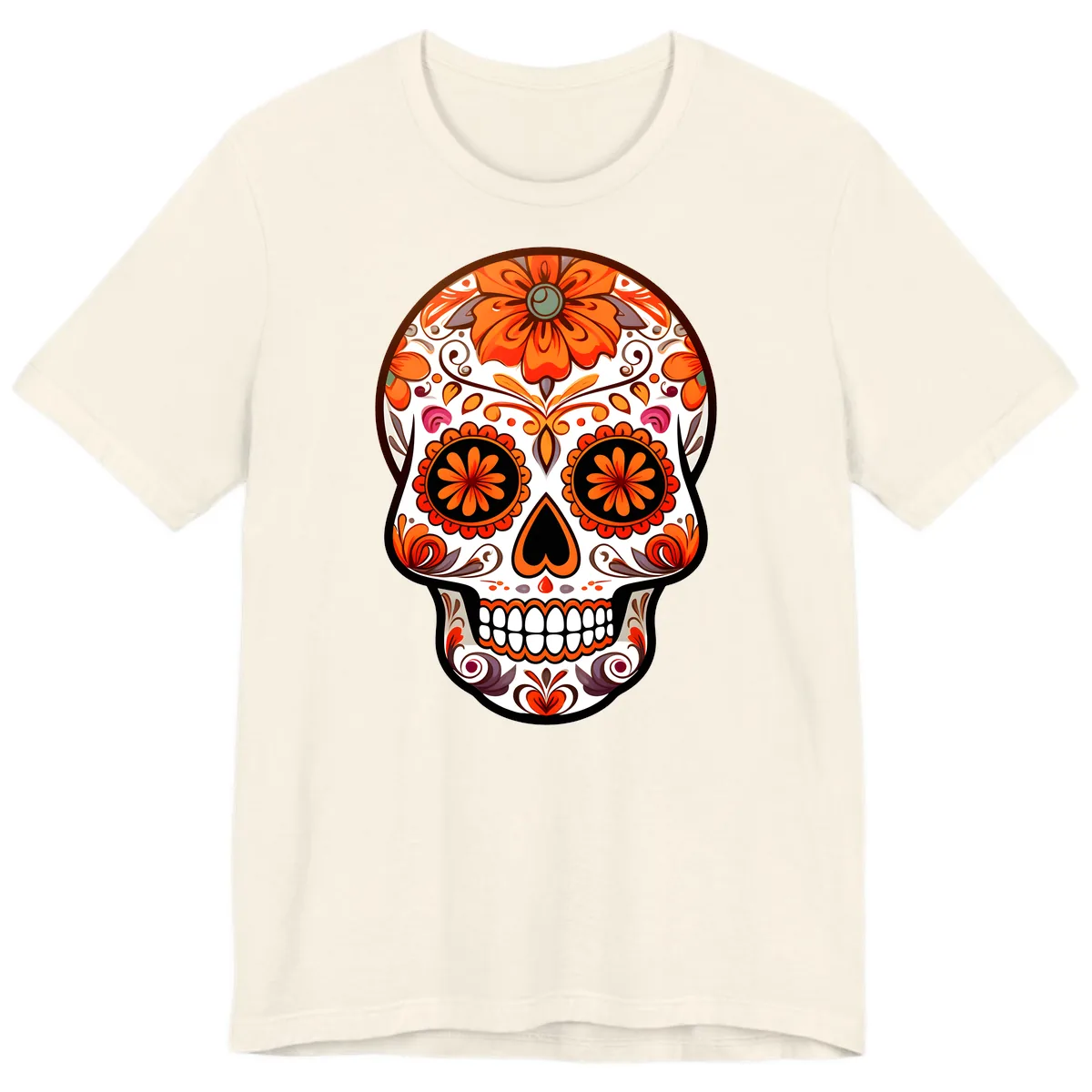 Ornate Floral Calavera Sugar Skull Design Premium T-Shirt in Natural