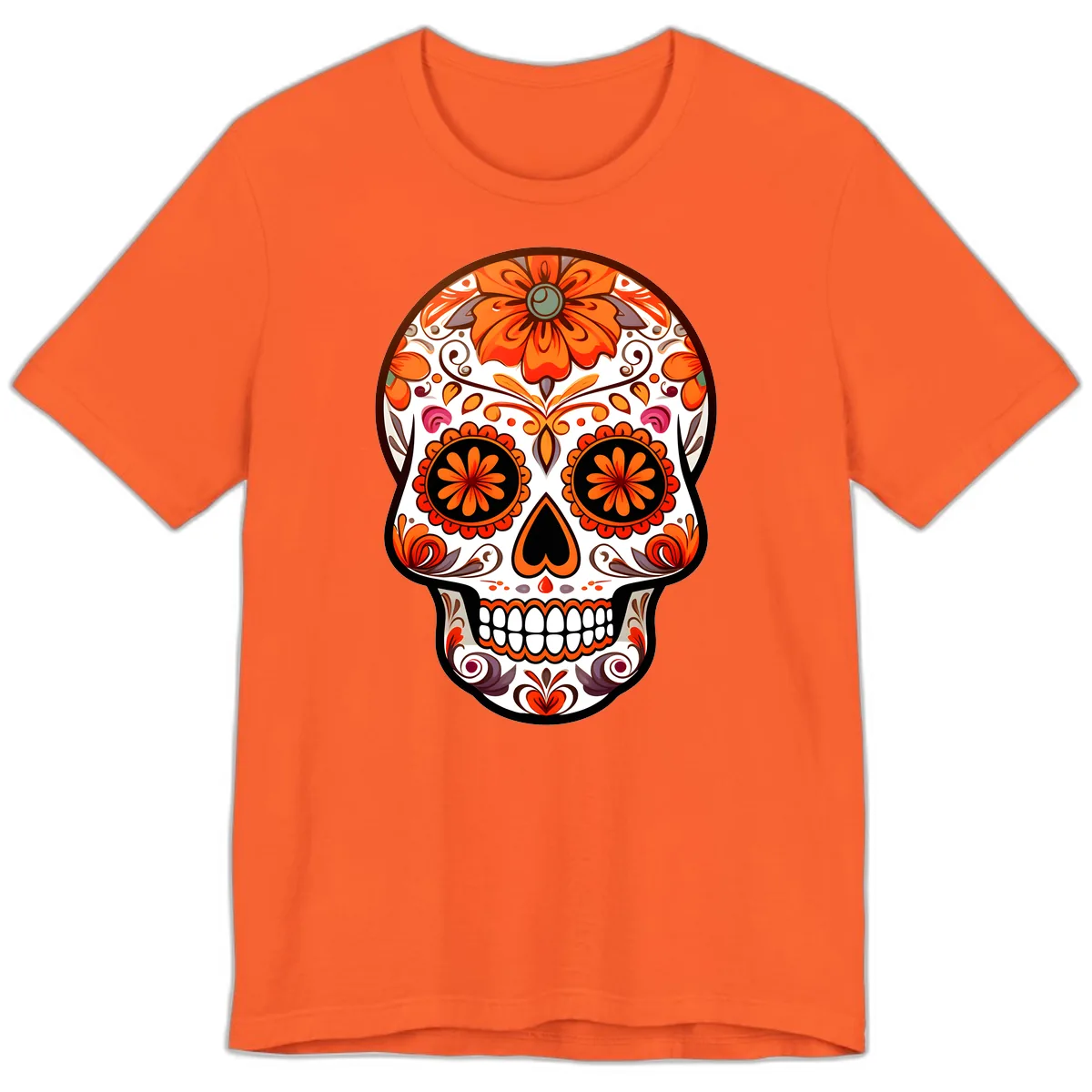 Ornate Floral Calavera Sugar Skull Design Premium T-Shirt in Orange