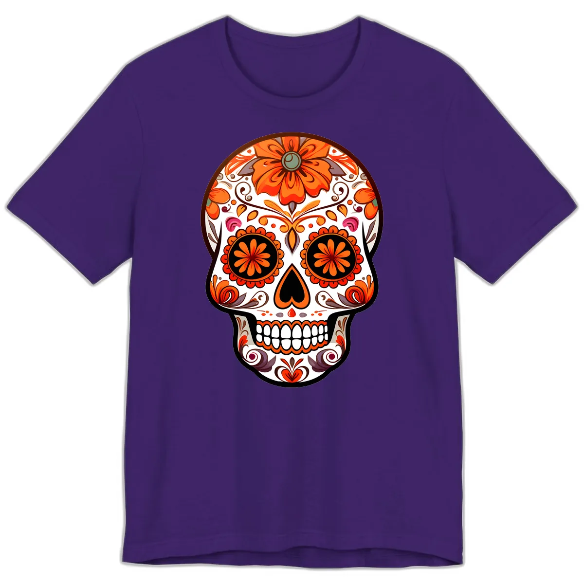 Ornate Floral Calavera Sugar Skull Design Premium T-Shirt in Team Purple