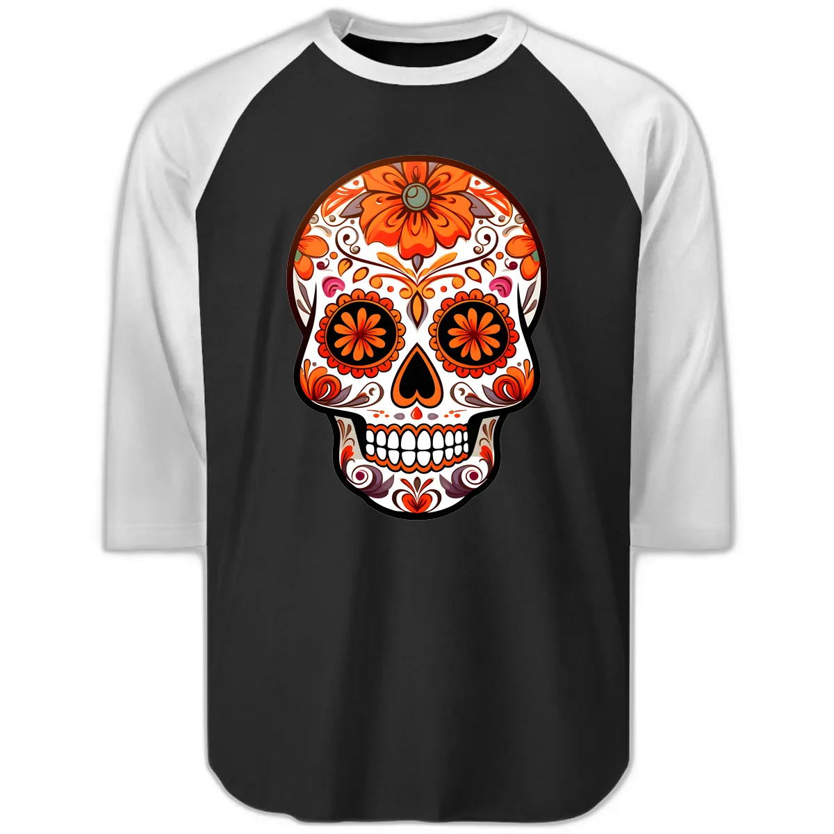 Ornate Floral Calavera Sugar Skull Design Raglan 3/4 in Black White