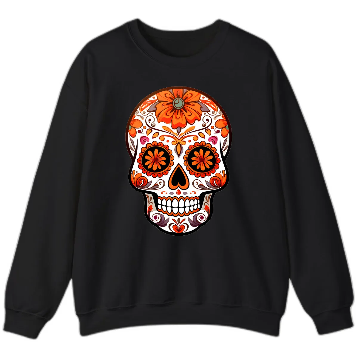 Ornate Floral Calavera Sugar Skull Design Sweatshirt in Black