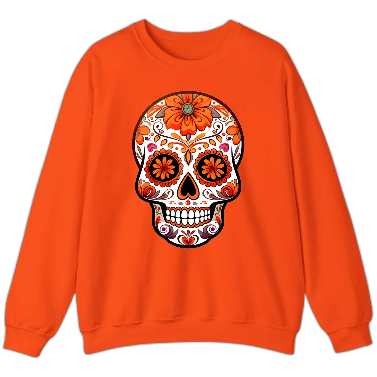 Ornate Floral Calavera Sugar Skull Design Sweatshirt in Orange