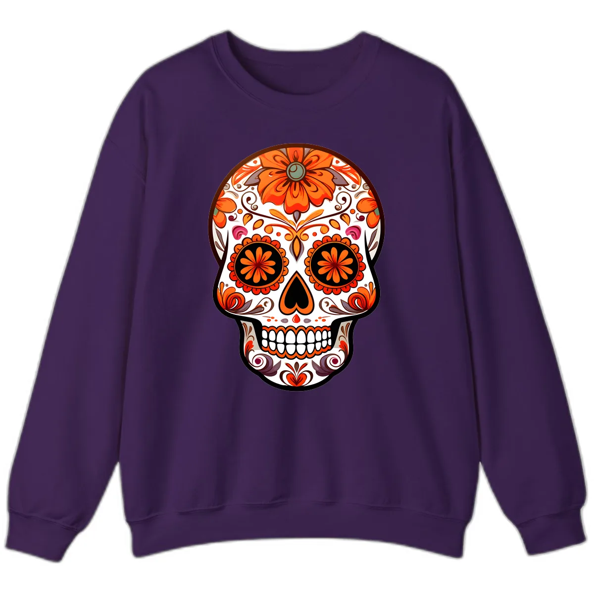 Ornate Floral Calavera Sugar Skull Design Sweatshirt in Purple