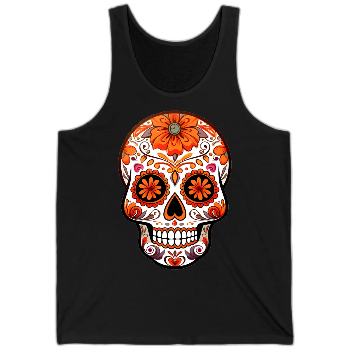 Ornate Floral Calavera Sugar Skull Design Tank in Black