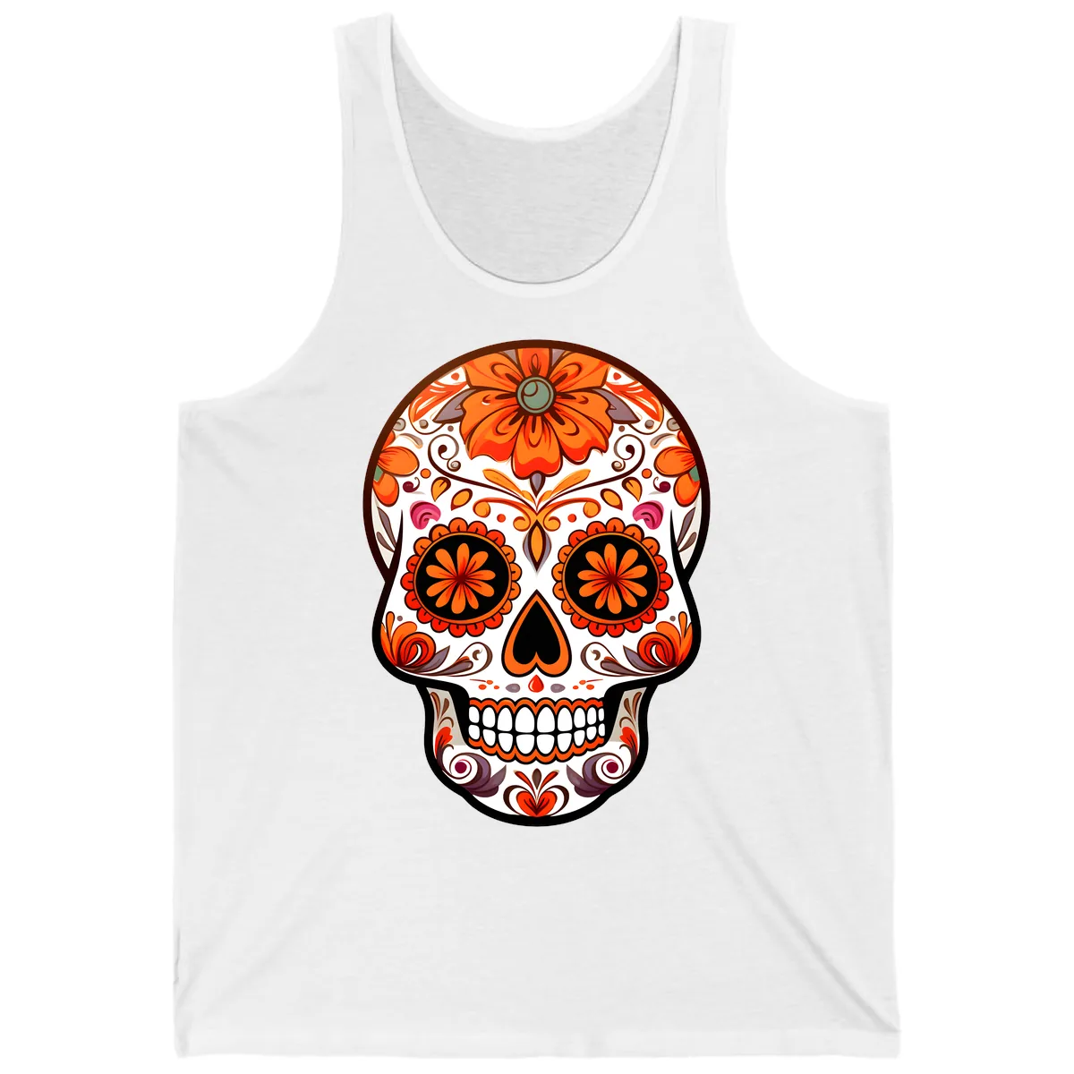 Ornate Floral Calavera Sugar Skull Design Tank in White