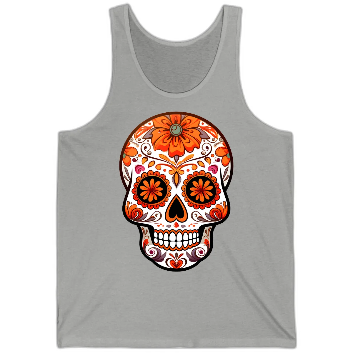 Ornate Floral Calavera Sugar Skull Design Tank in Athletic Heather