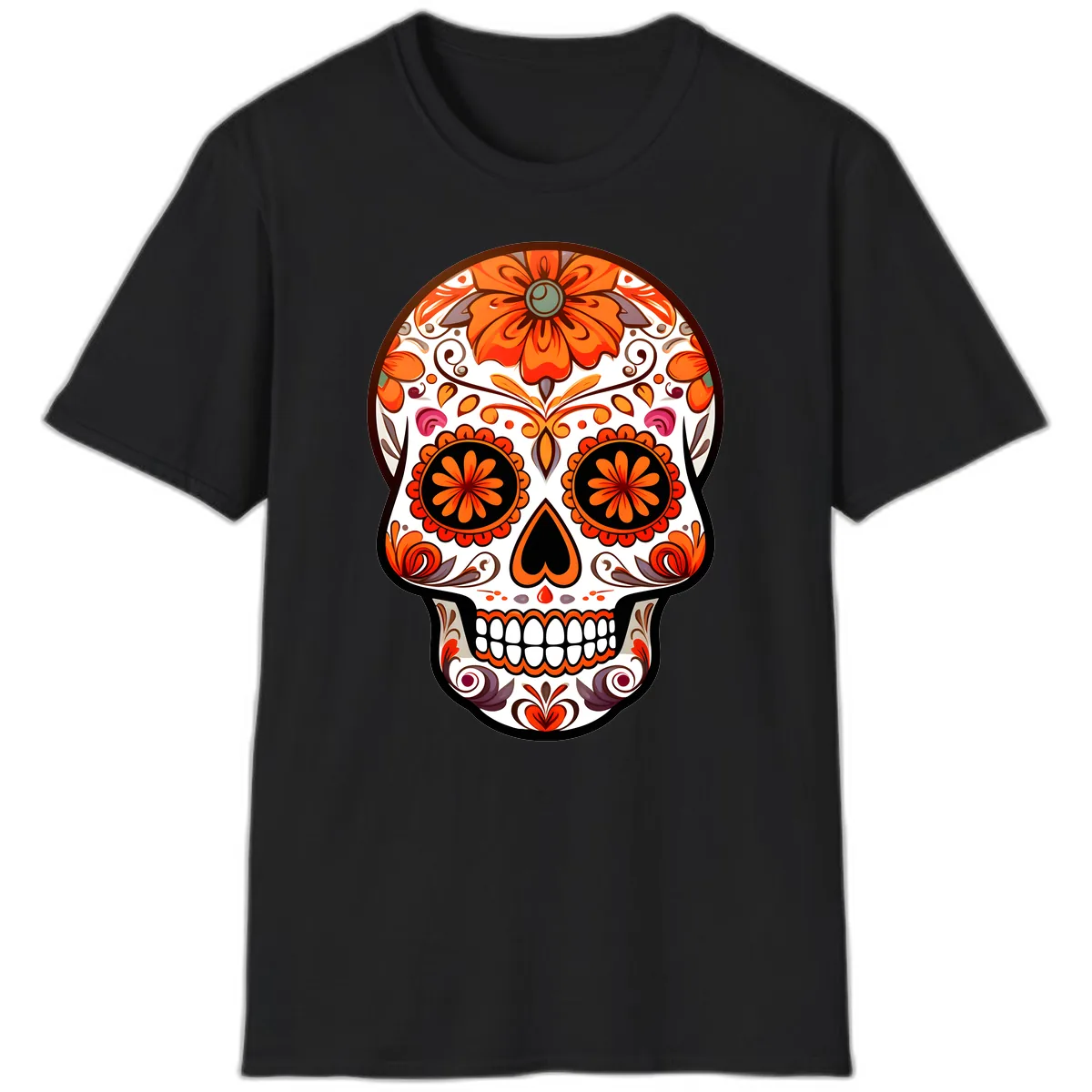 Ornate Floral Calavera Sugar Skull Design T-Shirt in Black