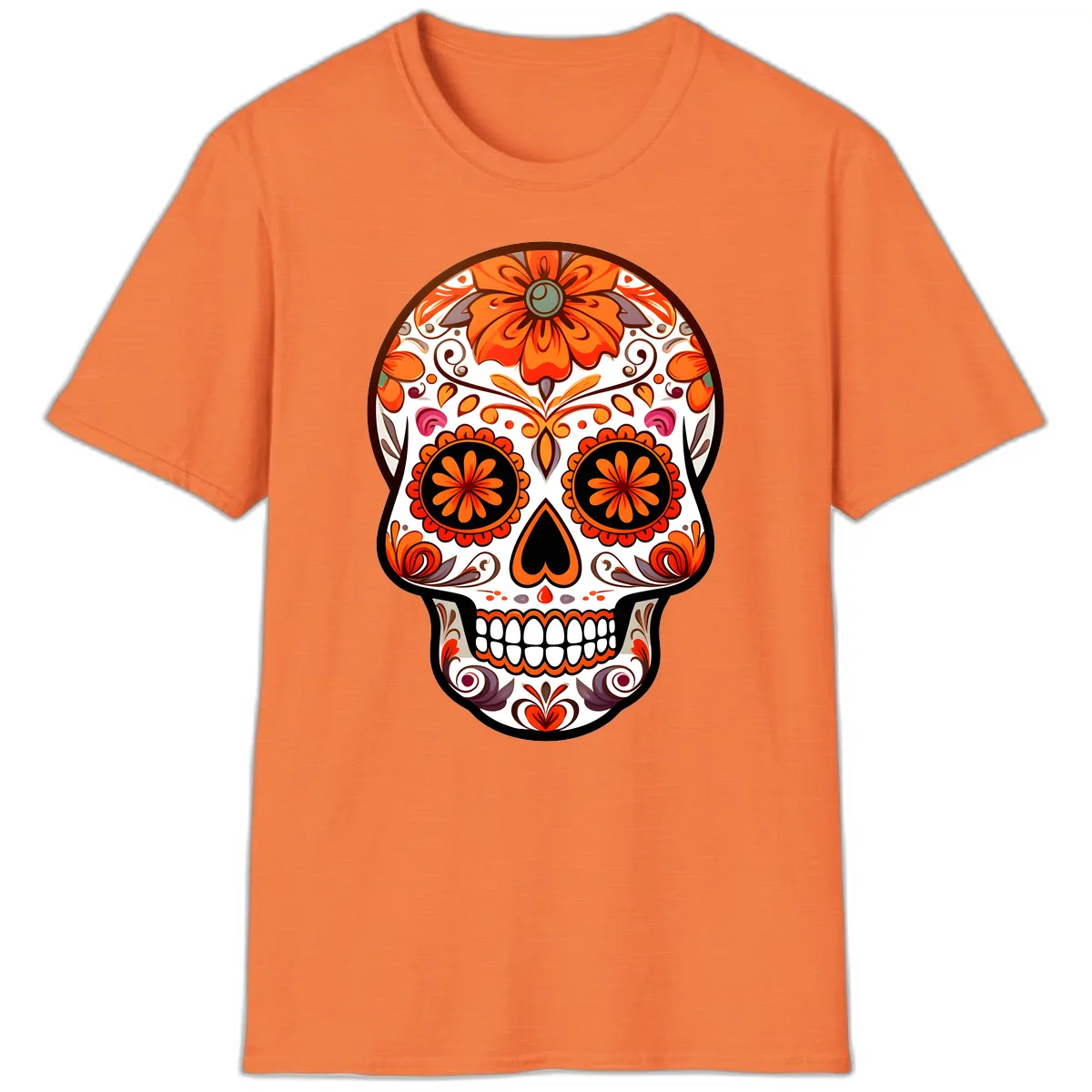 Ornate Floral Calavera Sugar Skull Design T-Shirt in Heather Orange