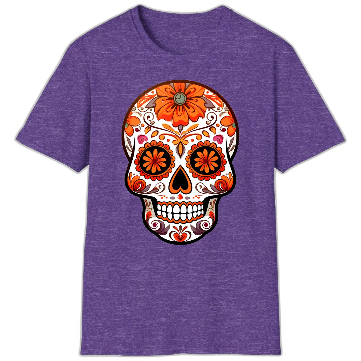 Ornate Floral Calavera Sugar Skull Design T-Shirt in Heather Purple